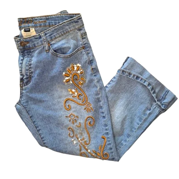 Apollo Jeans Denim Roll Cuffed Embroidered Capris Size 9/10 - Picture 1 of 8